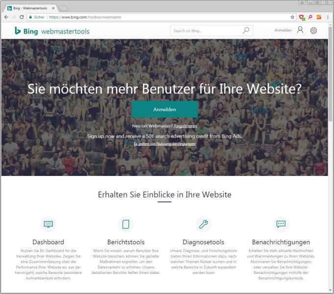 Screenshot der Webmaster-Tools von Bing (Oktober 2017).