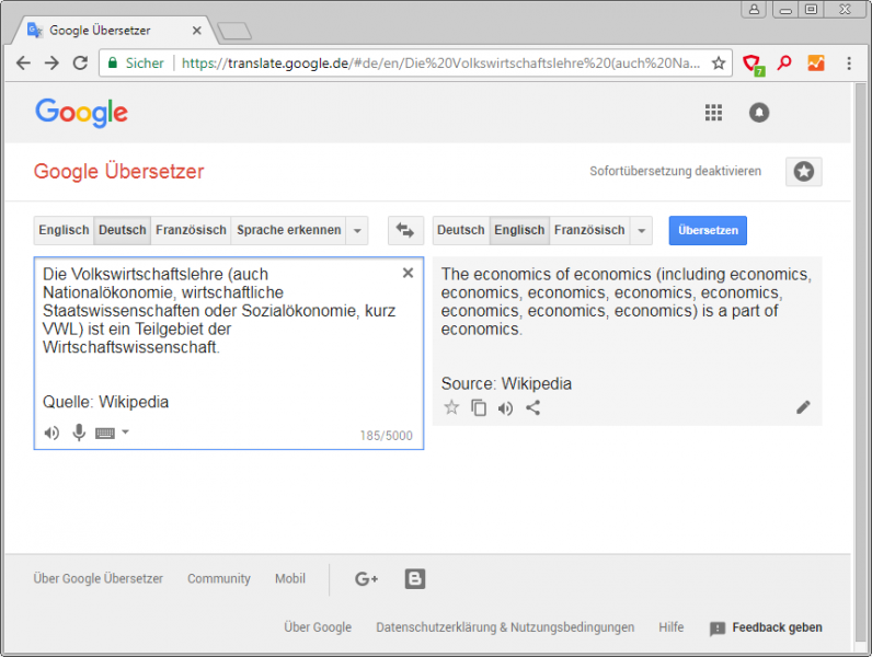 Beispiel einer Google-Übersetzung (Oktober 2017).
